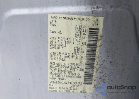 2015 Nissan Murano Platinum из США, поврежденный, VIN 5N1AZ2MH1FN206182